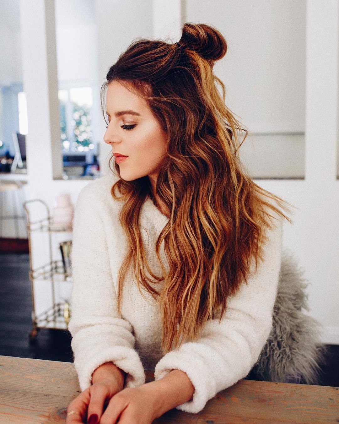 Sock curls tutorial messy top knot on red hair