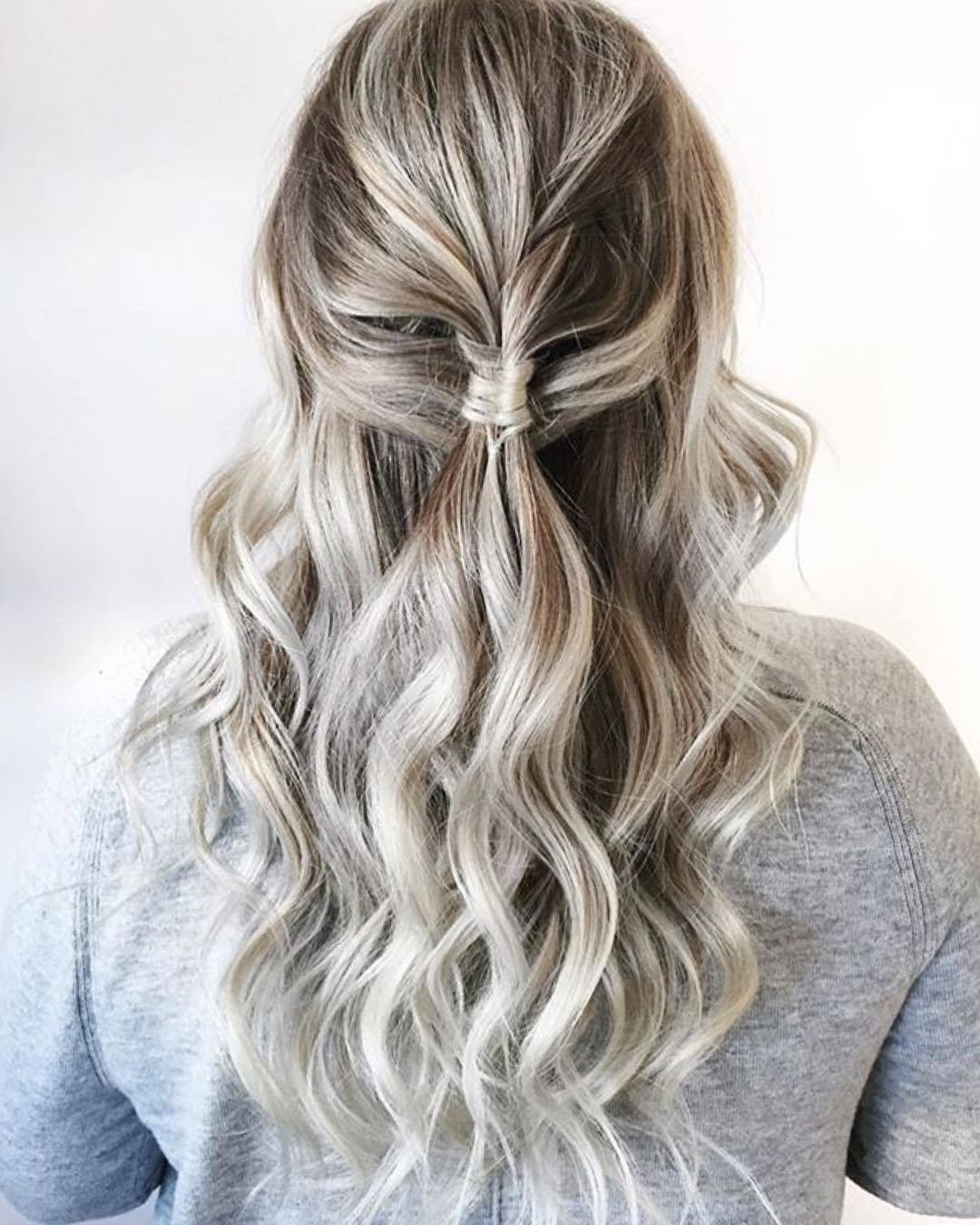Sock curls tutorial girl with silver hair half up half down and wavy