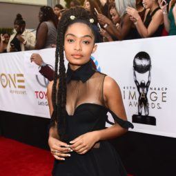 close up shot of yara shadid with high ponytail hairstyle, wearing all black on the NAACP Image Awards red carpet