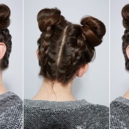 brunette woman with double braided bun