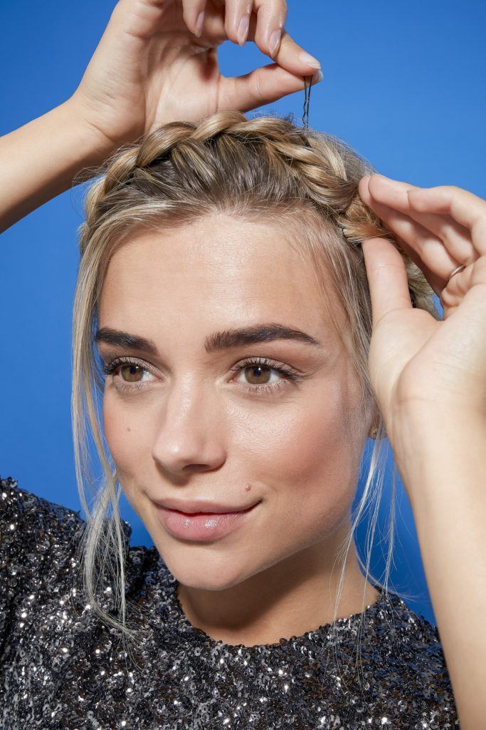 Crown braid short hair tutorial blonde woman pinning hair