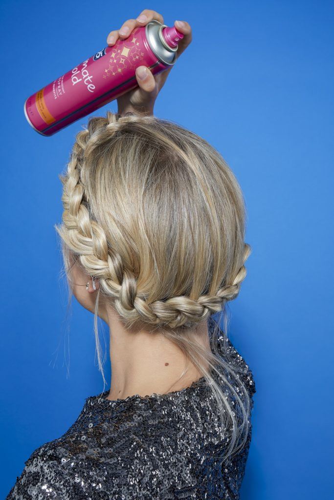 Crown braid short hair tutorial blonde woman with hair spray