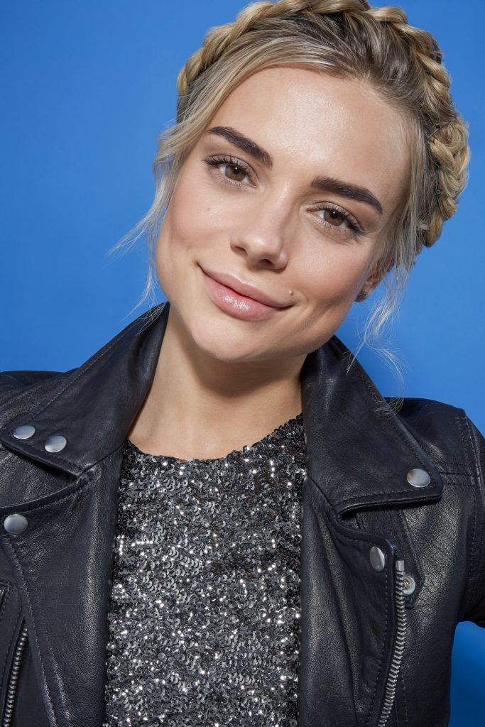 Crown braid short hair tutorial blonde woman with leather jacket