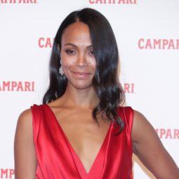 actress zoe saldana on the red carpet in a red v neck silk dress with silky shiny curled hair