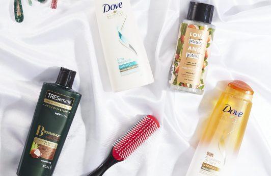 Flatlay of different shampoos