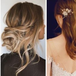 collage of 3 different bridal hairstyles; side swept soft waves, a messy bun and a hair comb style