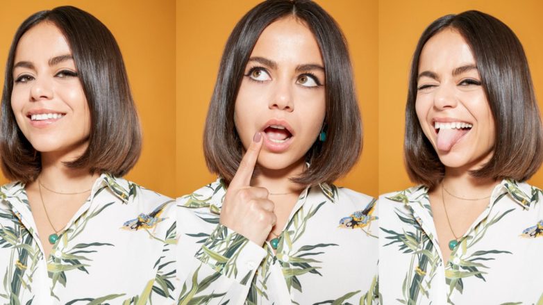 three images of a woman with shoulder length dark brown hair styled straight and curled under