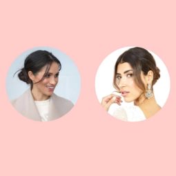 Meghan Markle Royal Wedding hair: pink background collage of meghan markle with her hair in a bun and a lookalike model dressed as a bride with a similar bun hairstyle