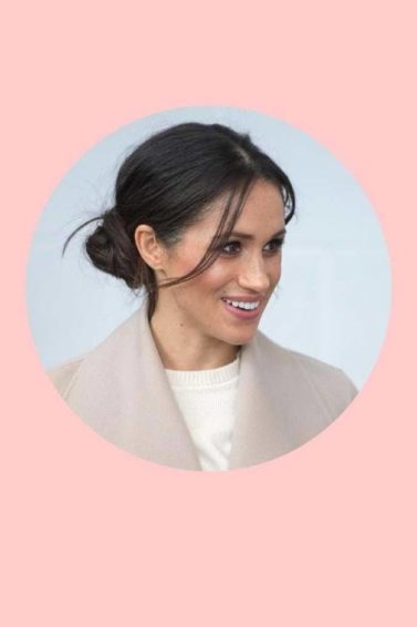 Meghan Markle Royal Wedding hair: pink background collage of meghan markle with her hair in a bun and a lookalike model dressed as a bride with a similar bun hairstyle