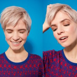 three images of a woman with platinum blonde hair in a pixie cut style