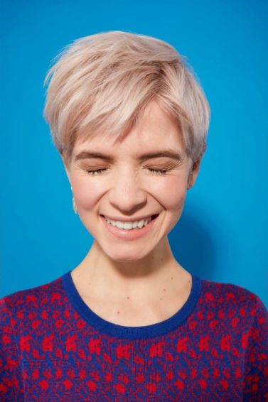 three images of a woman with platinum blonde hair in a pixie cut style