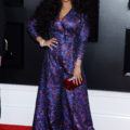 Red carpet hairstyles: H.E.R with long dark brown curly hair with centre parting wearing sunglasses and purple glitter dress at the Grammy Awards 2019.