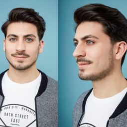 How to blow dry men's hair : Three photos of a brown haired man with blow dried hair