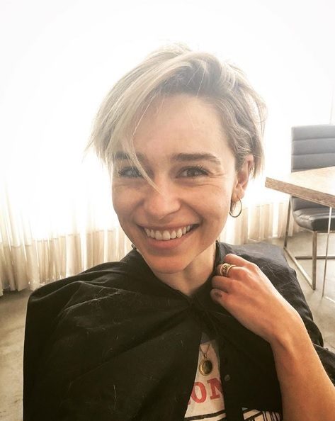 Selfie of Emilia Clarke with a new blonde pixie cut hairstyle