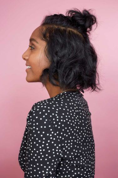 How to braid short hair: Collage of three photos of All Things Hair Global Senior Producer Elise with a half-up Dutch braided bun on her short wavy bob hair