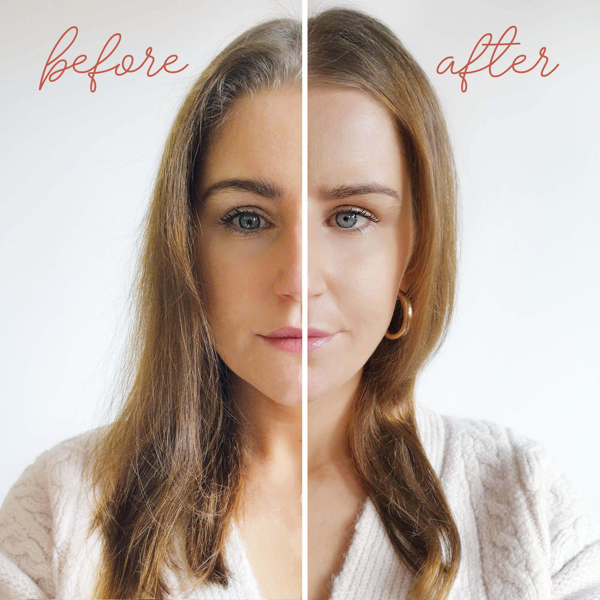 Before and after of woman with medium length brown hair wearing a cream knitted top.