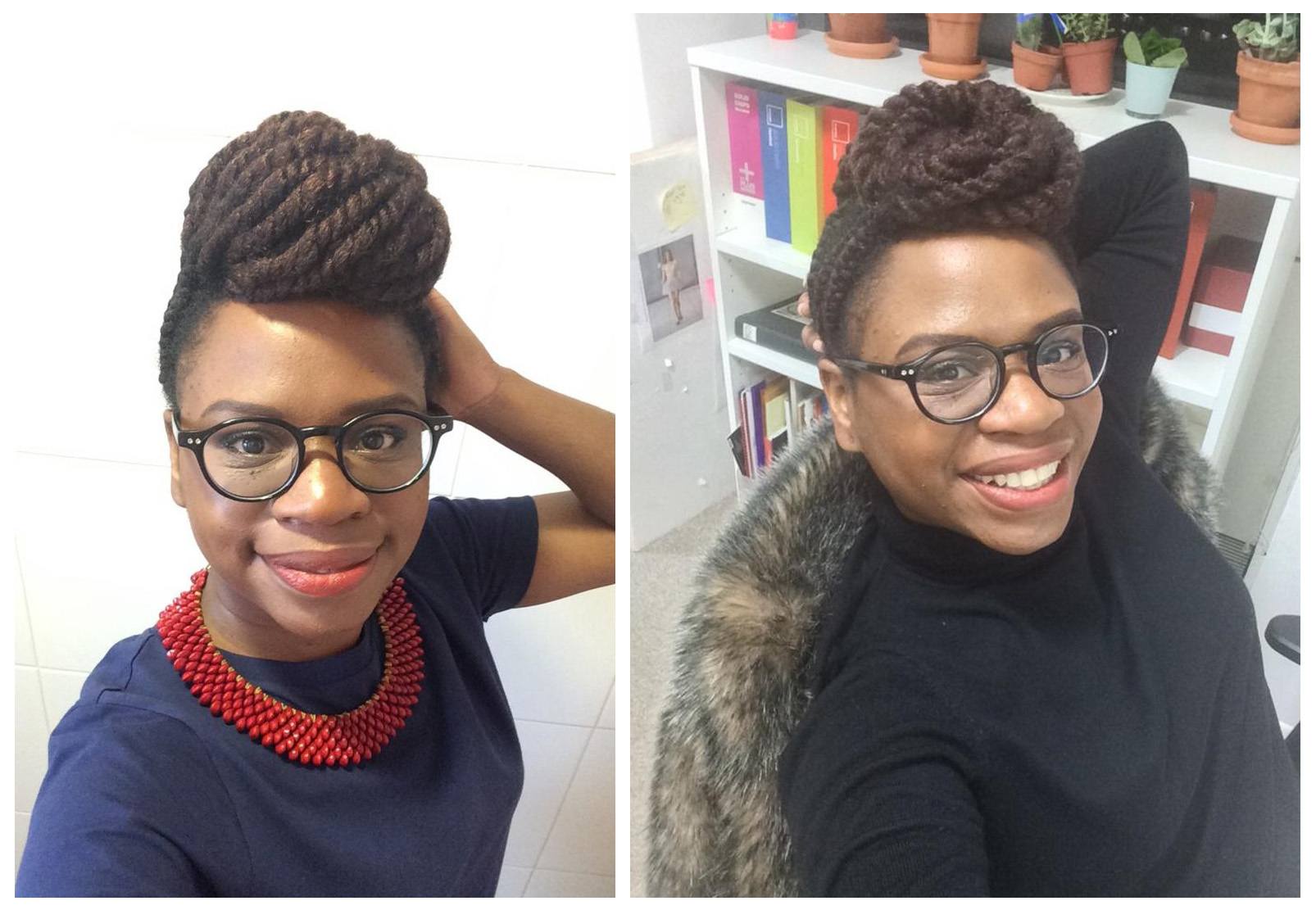 Real Hair Stories Nadia Williams: Young black woman with braided hairstyle wearing glasses