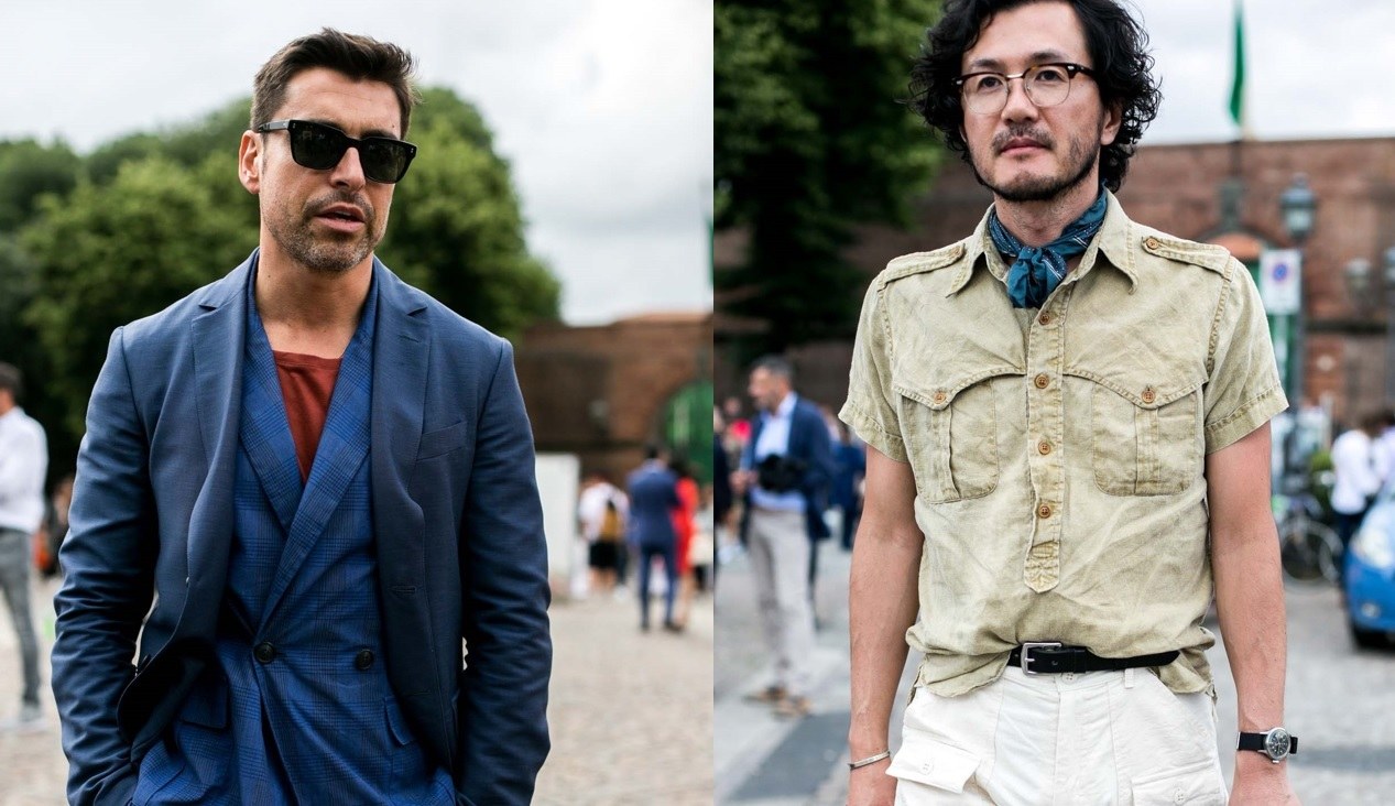 Beard styles: Street style shot of two men with stubbly, barely there beards,