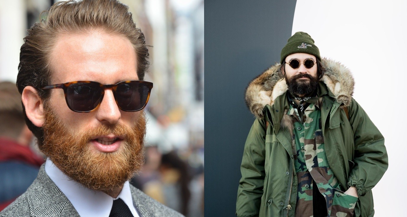 Beard styles: Street style of two men with rugged full beards with moustaches