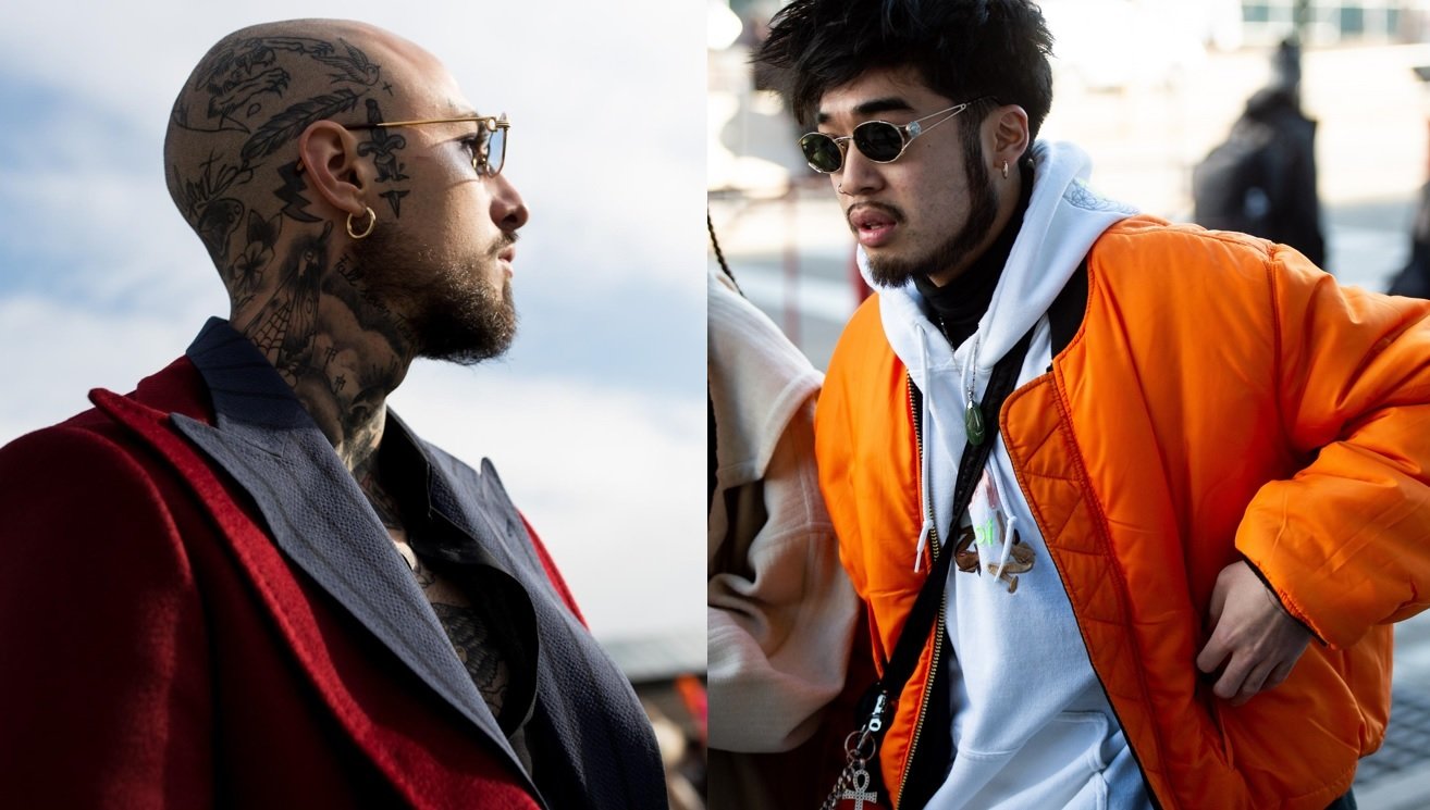 Beard styles guide: Street style shot of two men with chin strap beard styles, both wearing sunglasses and posing outside
