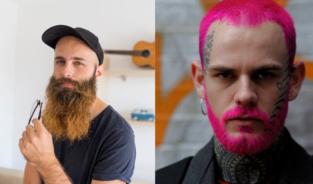 Beard styles guide: Two men coloured beards, posing for photo