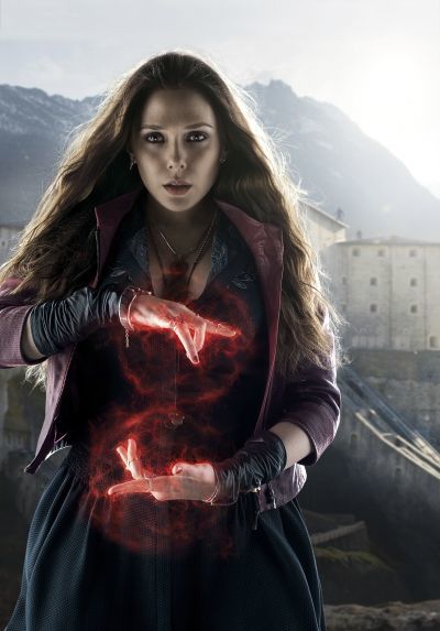 Marvel hairstyles: Elizabeth Olsen playing Scarlet Witch in Avengers with long wavy dark auburn red brown hair.
