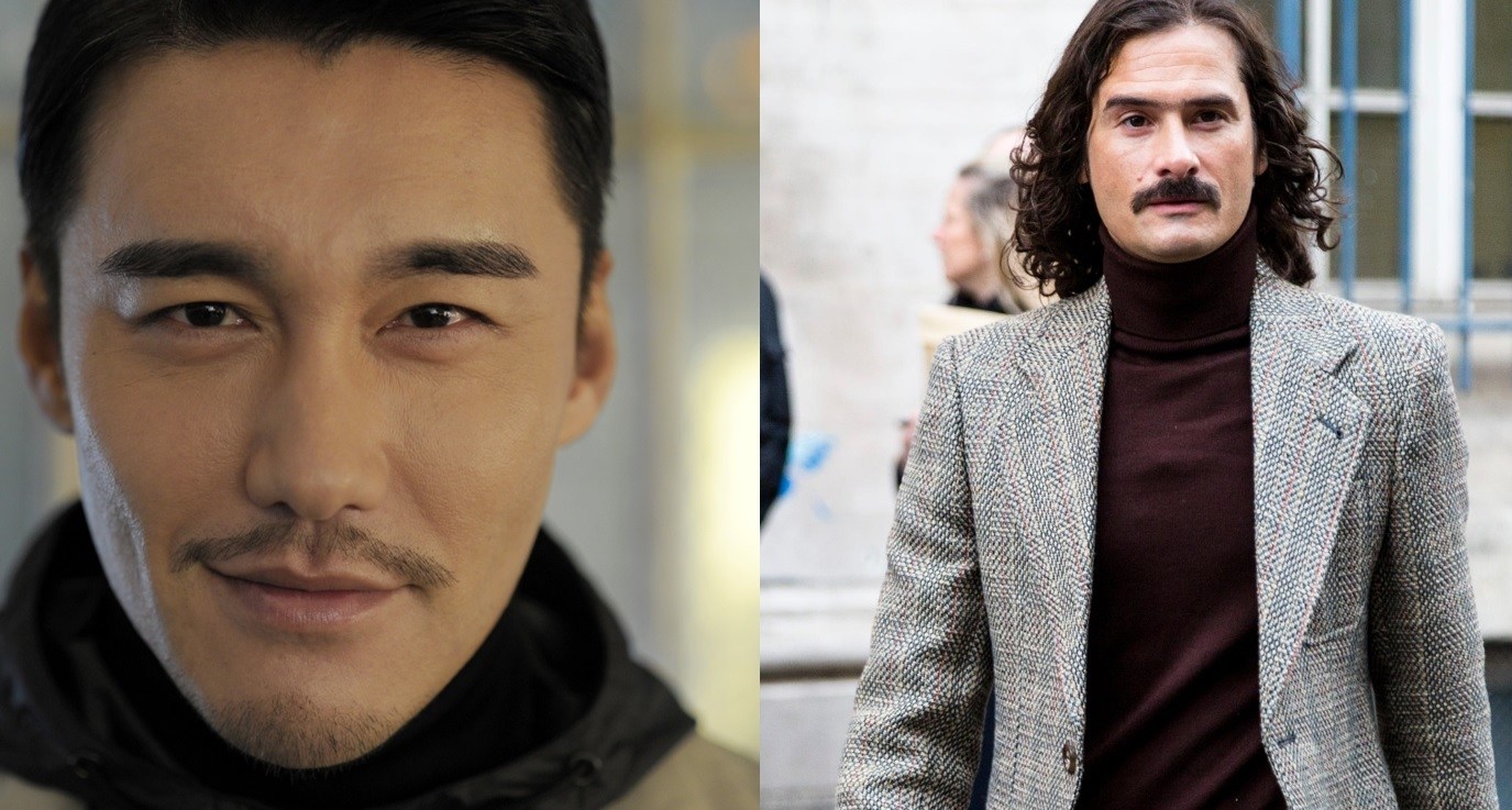 Beard styles: Street style shot of two men with moustache beards