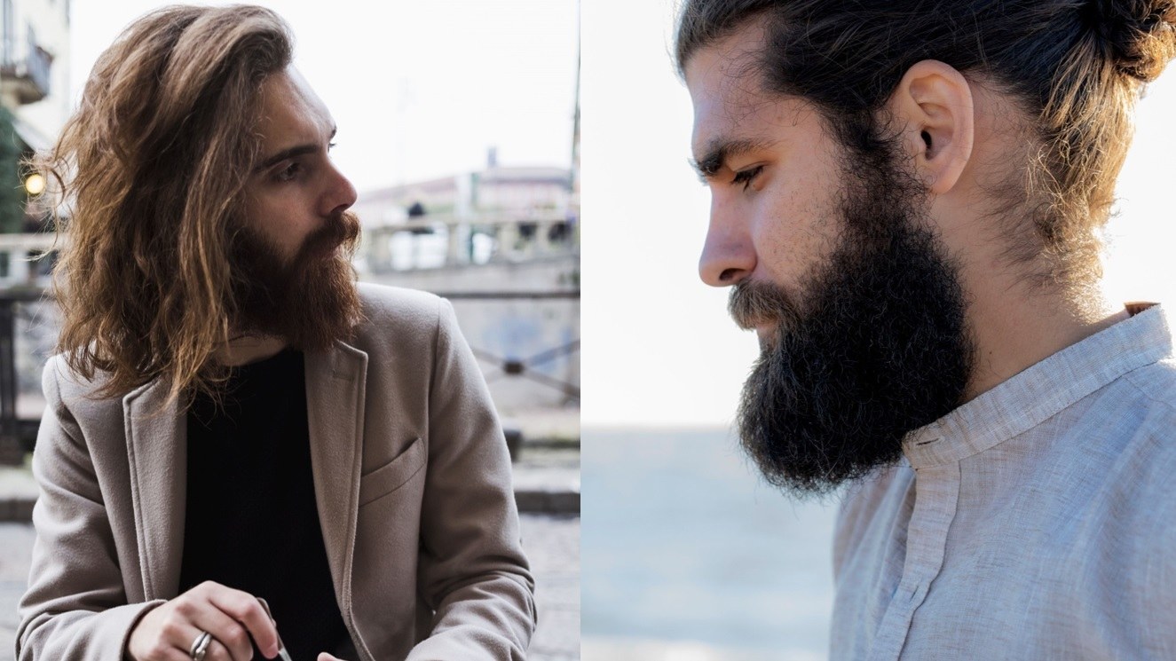 Beard styles: Street style shot of two men with viking style rugged beards, posing
