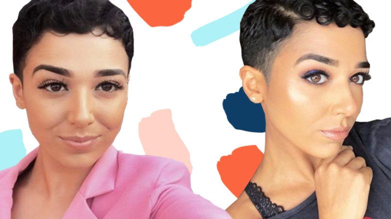 Real Hair Stories collage of Yasmin Ajaj with a short shaved curly pixie cut, wearing a pink blazer and a grey one shoulder top