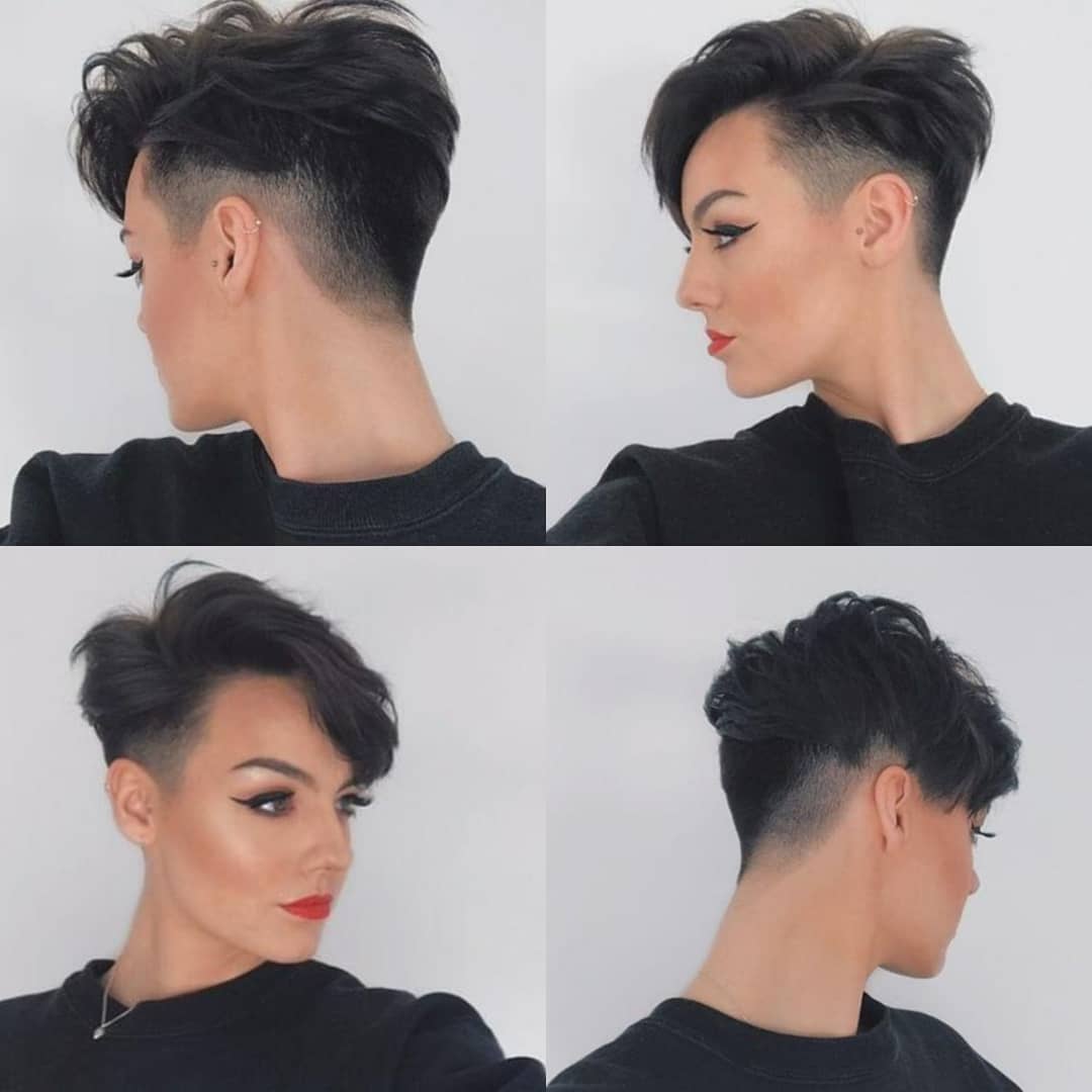 woman with dark brown pixie cut with shaved sides