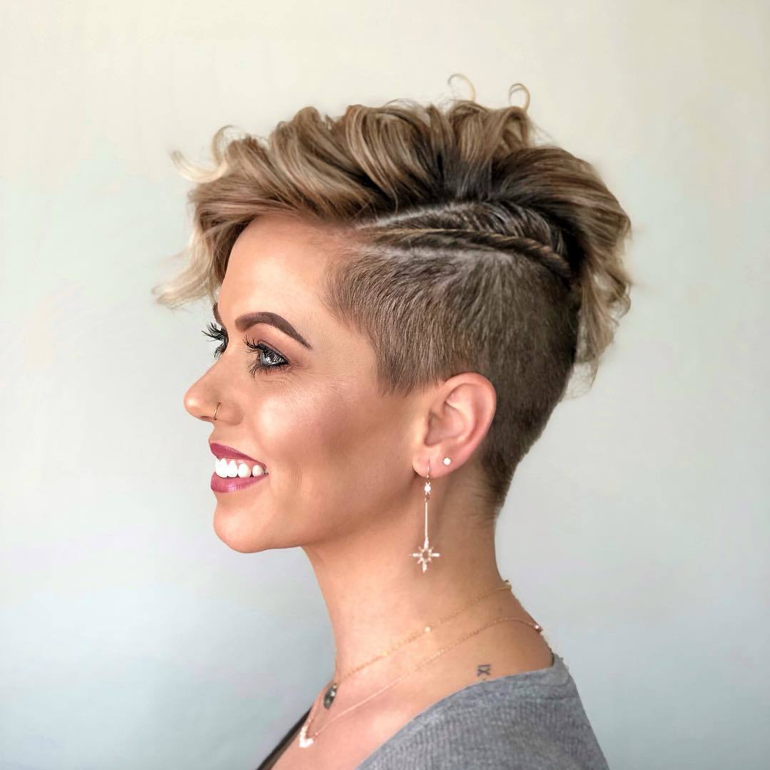 woman with golden blonde pixie cut with undercut