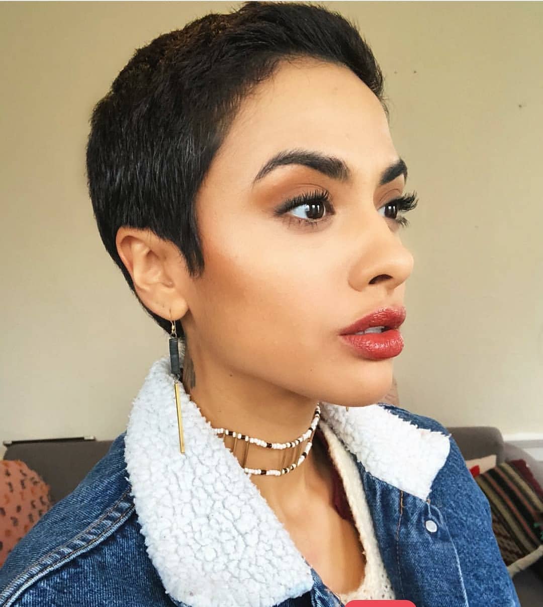 woman with very short brunette pixie cut