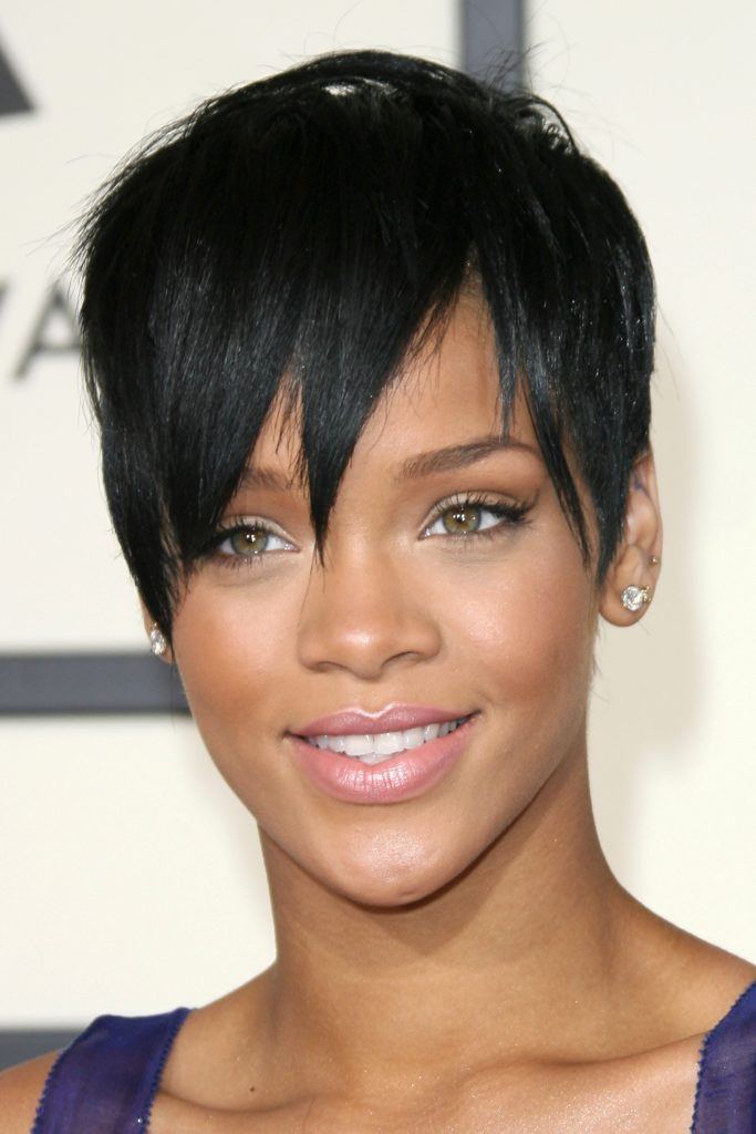 Rihanna with straight long pixie cut