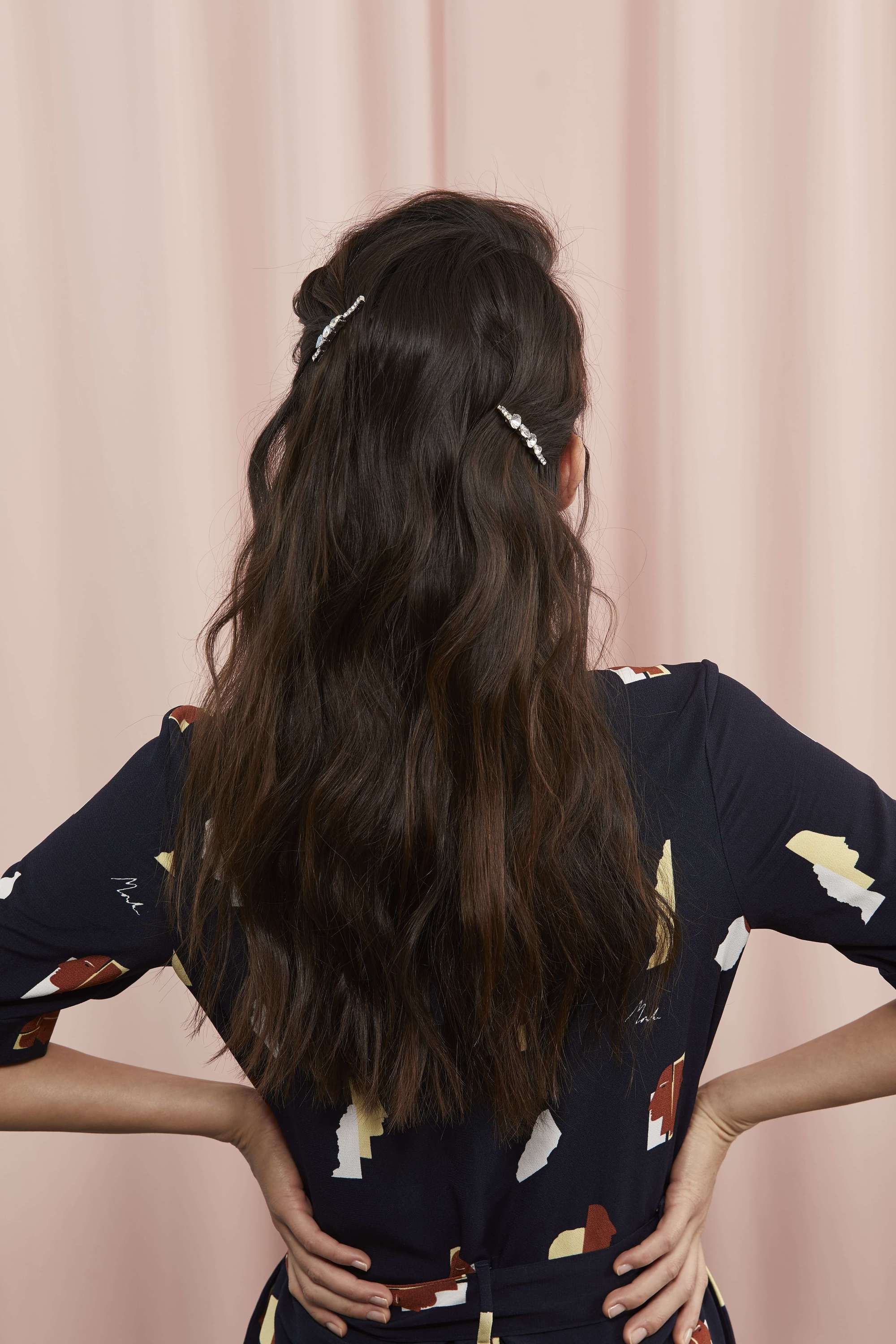 Long brown wavy hair with crystal hair clips