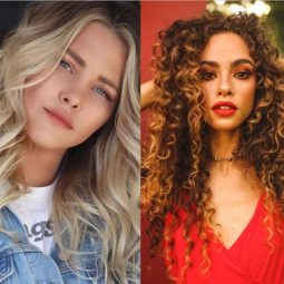 Woman with long dark brunette balayage hair with clips, woman with wavy ash blonde hair and woman with curly brown long hair with highlights