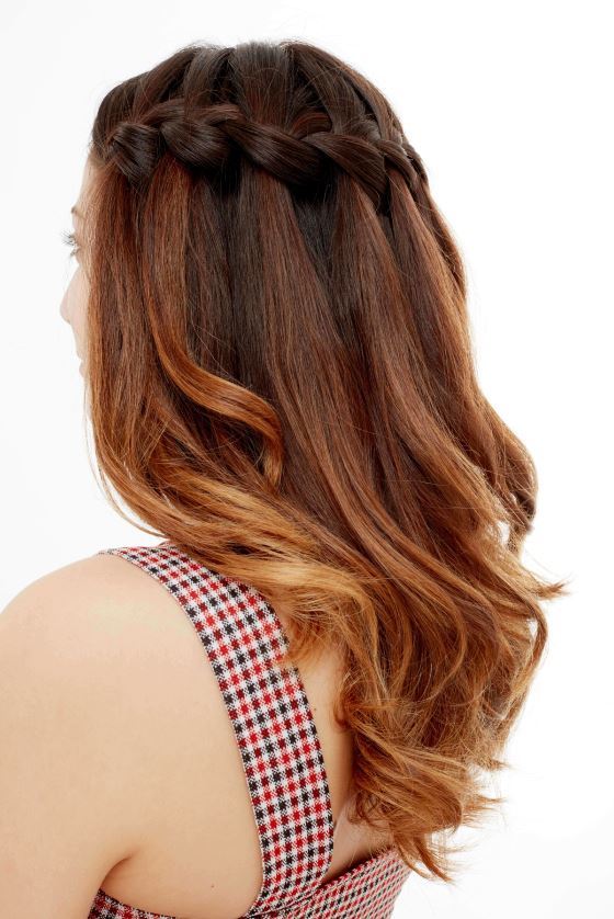 Balayage brown wavy hair with waterfall braid