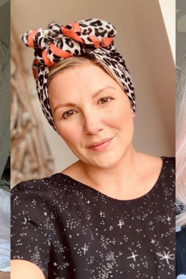 Three photos of alopecia sufferer Jo Tucker with different wigs