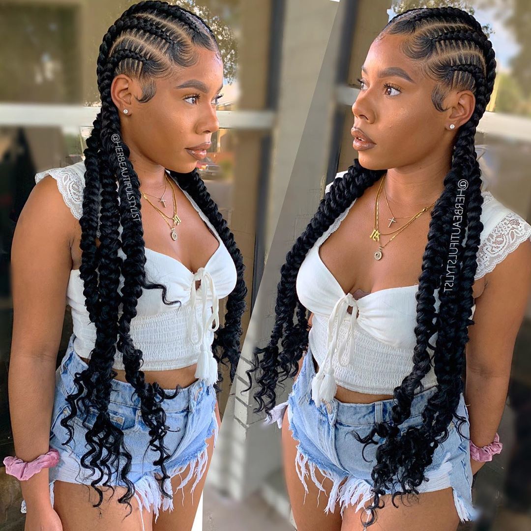 Woman with thick and wavy cornrows with extensions