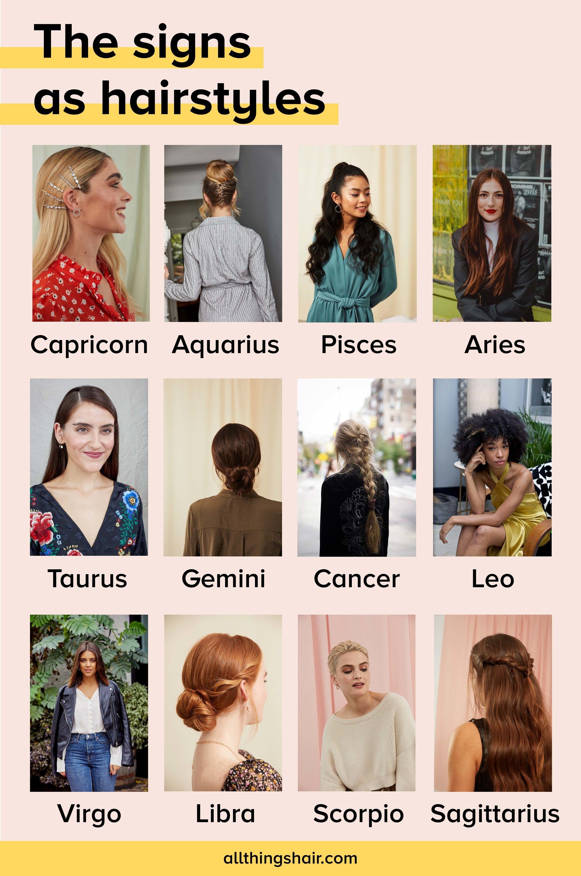 Horoscope hairstyles 2020: Close up shot of different horoscope hairstyles against a pink background