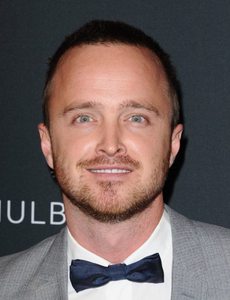 Aaron Paul with a buzz cut, moustache and facial hair.