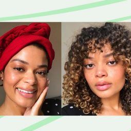Woman before and after hair plopping her curly hair