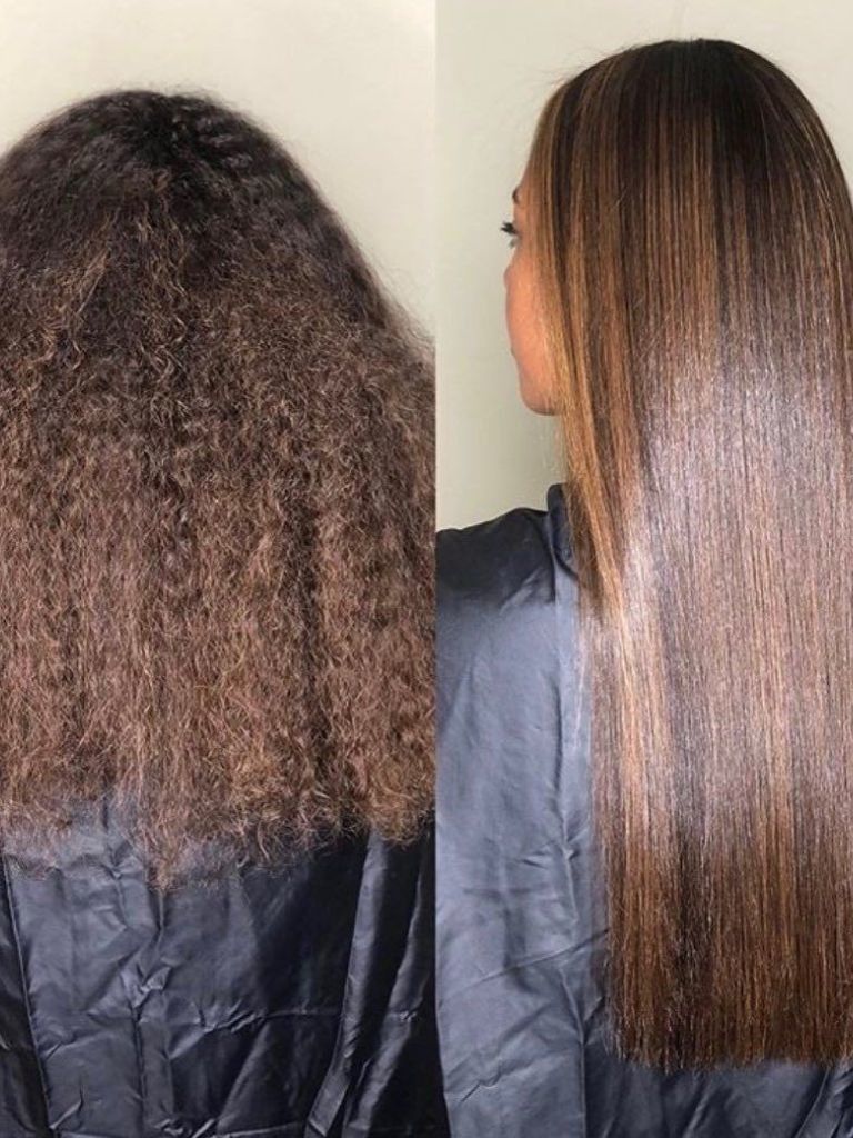 Two images showing a woman's hair before and after keratin hair treatment for curly hair.