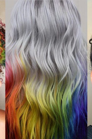 Collage of three rainbow hair looks for Pride