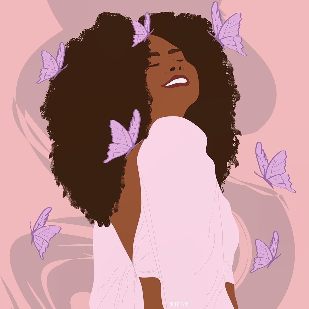 Illustration of black woman with natural long hair and butterflies around