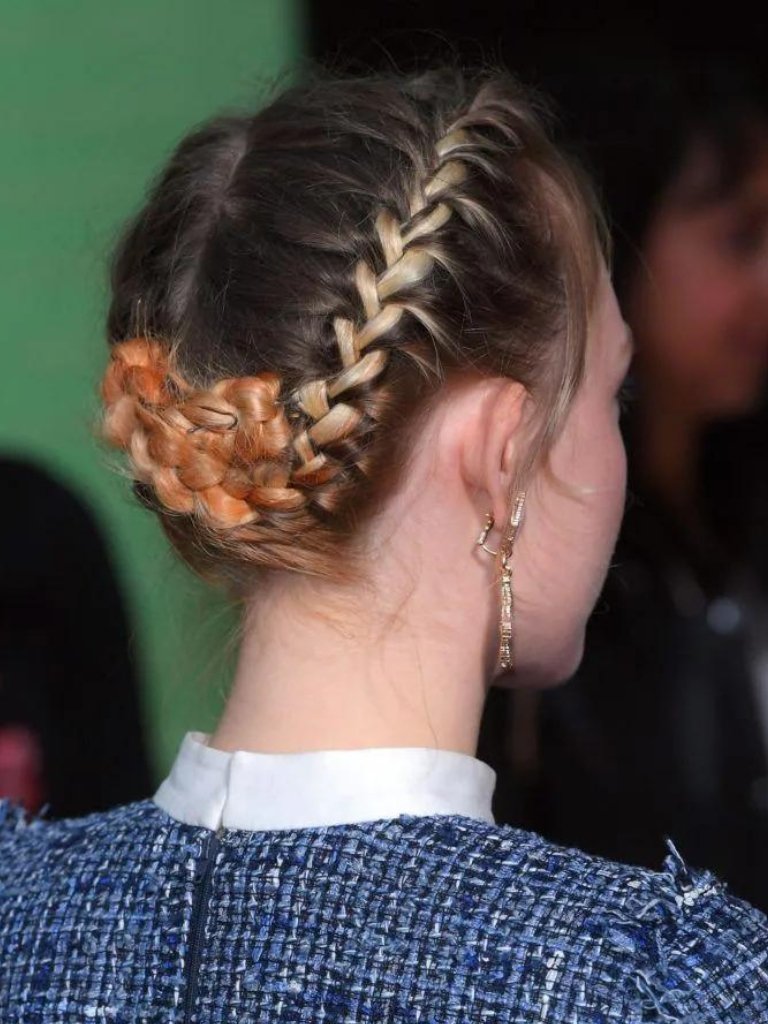 back view of Saoirse Ronan's hair in braids with strawberry blonde hair colour