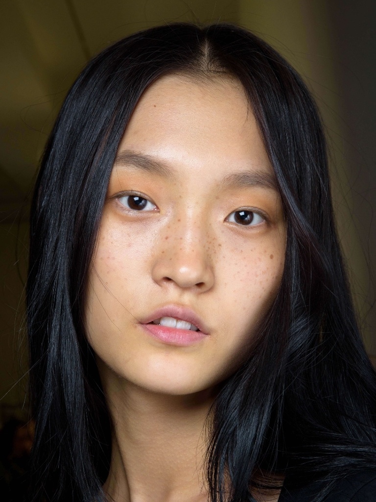 Asan hairstyles: Asian model with glossy straight dark brown shoulder length hair wearing a black top.