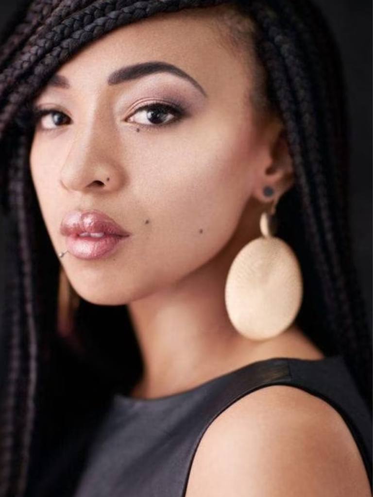 woman with side swept box braids