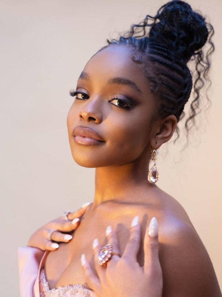 Marsai Martin in glamorous evening look with braided hair and soft beautiful bun