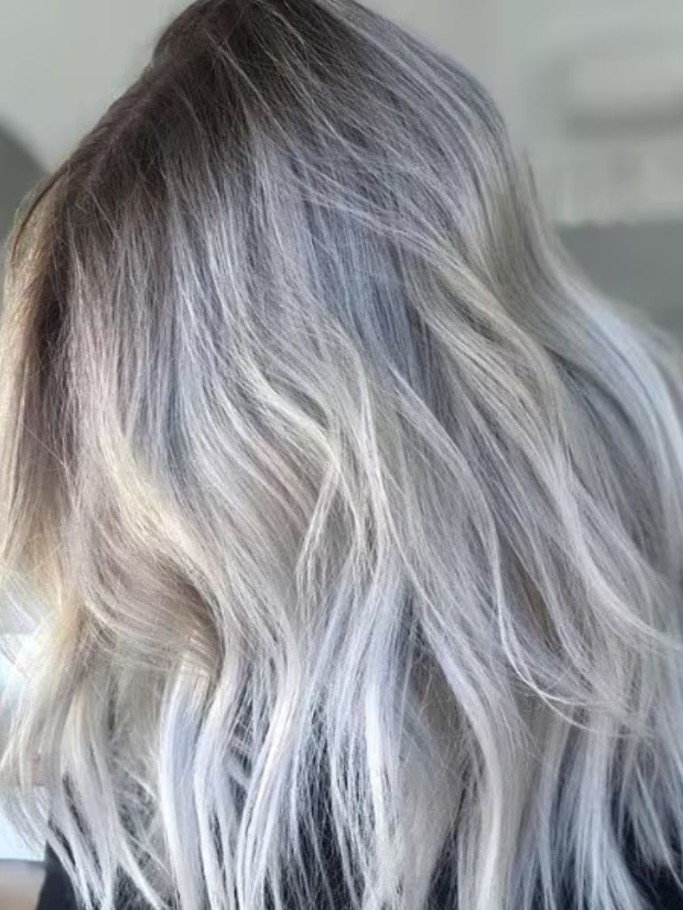 Close-up photo of icy blonde highlighted hair