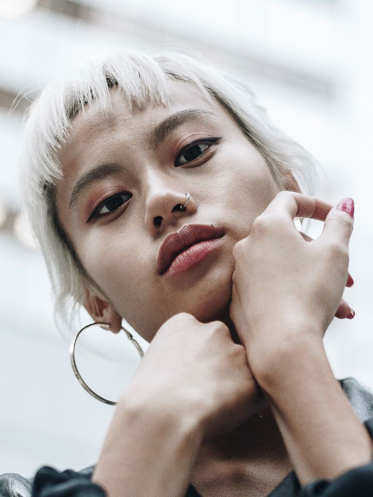 Bleached punk Mushroom haircut on Asian woman
